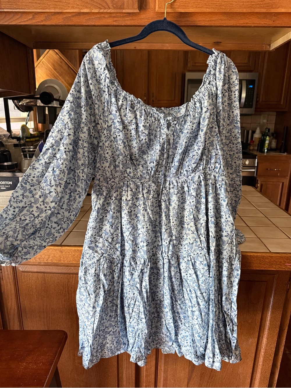 Smocked Square-Neck Floral Mini Dress - Blue